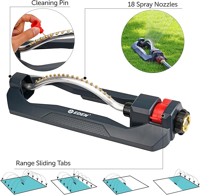 Eden 96217 Turbo Oscillating Sprinkler, Covers Up to 3,500 sq. ft., 18 Brass Nozzles, Sturdy Weighted Base, Adjustable Range, Quick Connect Bundle, Black, Red, Silver