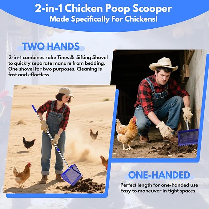 Chicken Poop Scooper & Rake 2-in-1,304 Stainless Steel Shovel Head, Chicken Litter Scoop with Handle for Chicken Coop & Pet Waste Cleaning, Litter Sifting Shovel (35 to 65") (Blue, 10inch)