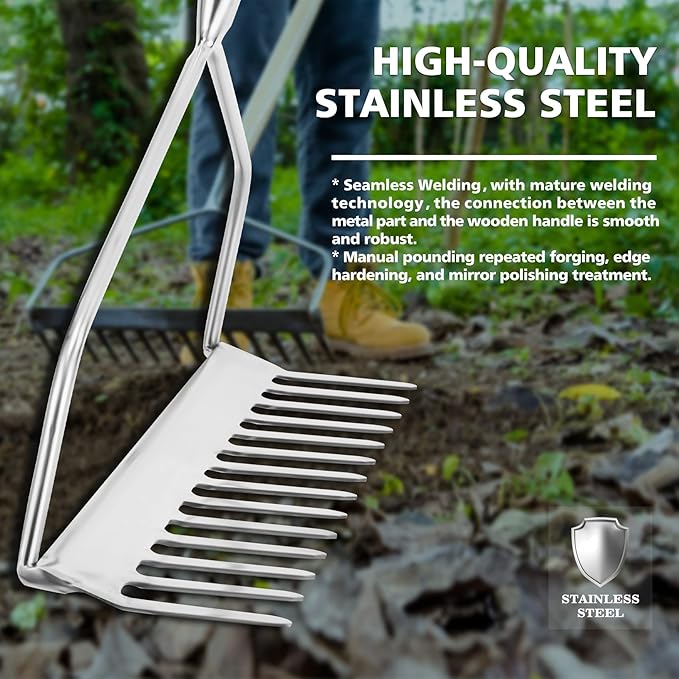 Berry&Bird 14 Tines Bow Rake for Gardening, 63-inch Garden Rakes Heavy Duty with Wooden Long Handle Stainless Steel Hard Rake for Lawn Loosening Soil, Weeding, Cleaning Leaves & Grass Cultivator Tool