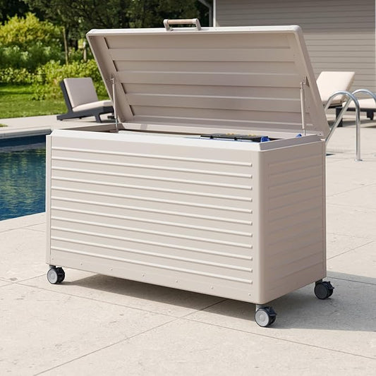 MIRADOR 134 Gallon Outdoor Storage Box Waterproof, Metal Deck Box with wheels for Patio Furniture, Garden Tools, Outdoor Cushion, Latte