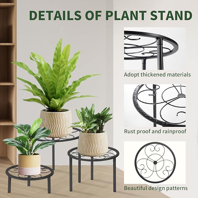 5-piece set of metal plant potted flower racks, heavy-duty flower pot plant racks of different sizes, iron flower racks, suitable for indoor and outdoor home decoration (Black)
