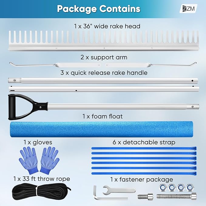 Floating Lake Rake, Leaf Collector for Gardening, 36" Aluminum Landscape Rake with Adjustable Handle, 33FT Rope & Float, Weed Algae Removal, Multifunctional Detachable Aquatic Weed Rakes
