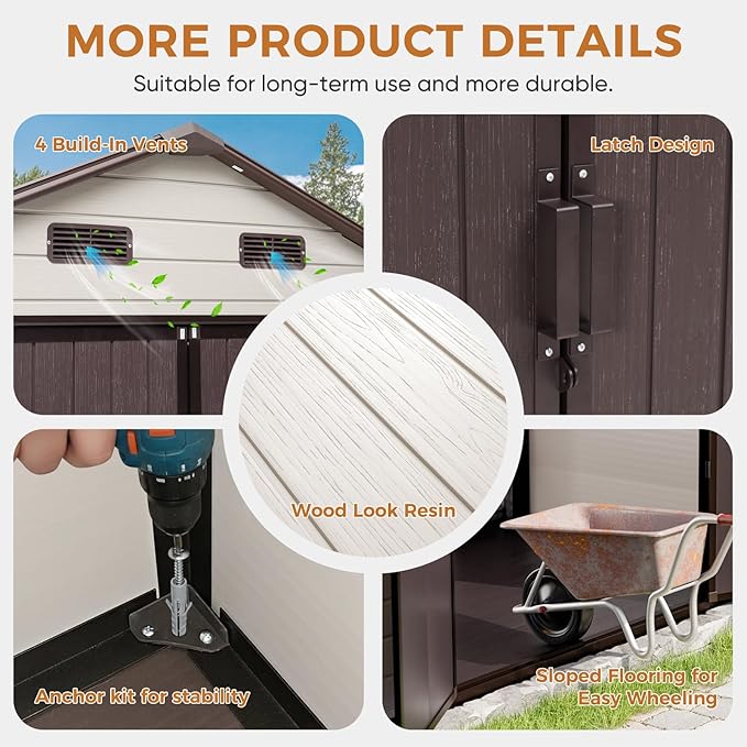 CDCASA 8x8 FT Resin Storage Shed, Waterproof Outside Plastic Storage Sheds with Floor, Adjustable Openable Windows, Lockable Door for Garden Patio Lawn, Brown & Beige