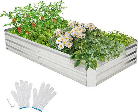 Giantex Galvanized Raised Garden Bed, 6x3x1ft Large Metal Planter Box with Gloves, Outdoor Bottomless Planter Raised Bed Kit for Vegetables Flowers, Herbs, Fruits, Silver