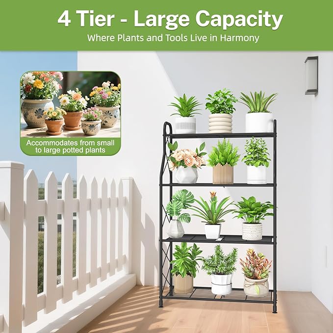 iDavosic.ly 4 Tier Plant Stand Indoor, Metal Tiered Corner Flower Display Holder Shelf Outdoor for Large Pots, Tall Rack for Patio Porch Garden Balcony Living Room, Modern Black