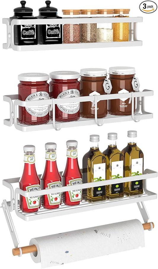 3 Pack Wall Mounted White Spice Rack With Paper Towel Holder and Hooks, Space Saving Adhesive Hanging Spice Rack for Spice Jars and Seasonings,Spice Racks Organizer for Cabinet,Pantry Door