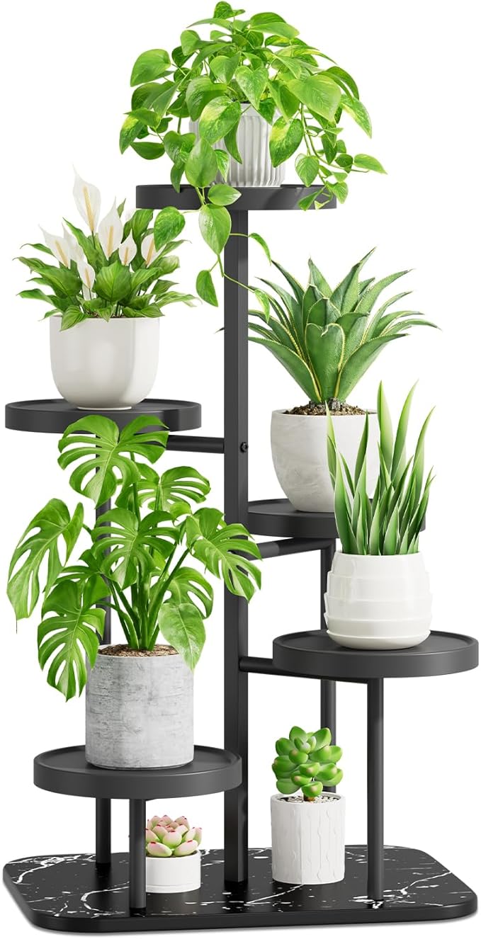 iDavosic.ly 5 Tier Plant Stand Indoor Outdoor, Tiered Corner Plant Stands for Multiple Plants, Metal Plastic Tall Plant Display Holder Flower Shelf for Patio Living Room Garden Balcony Bedroom, Black