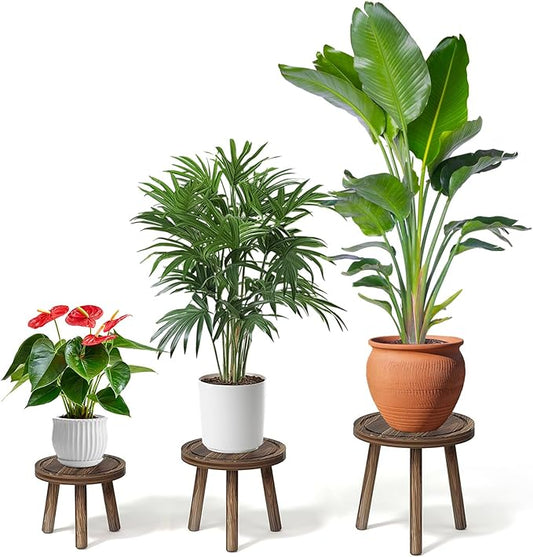 3 Pack Plant Stand Indoor Outdoor Mid-Century Modern Plant Stool Wooden Plant Pot Holder Home Decor for Gardening Living Room,Balcony,Office (Heavy Burnt Color, 3 Pack)