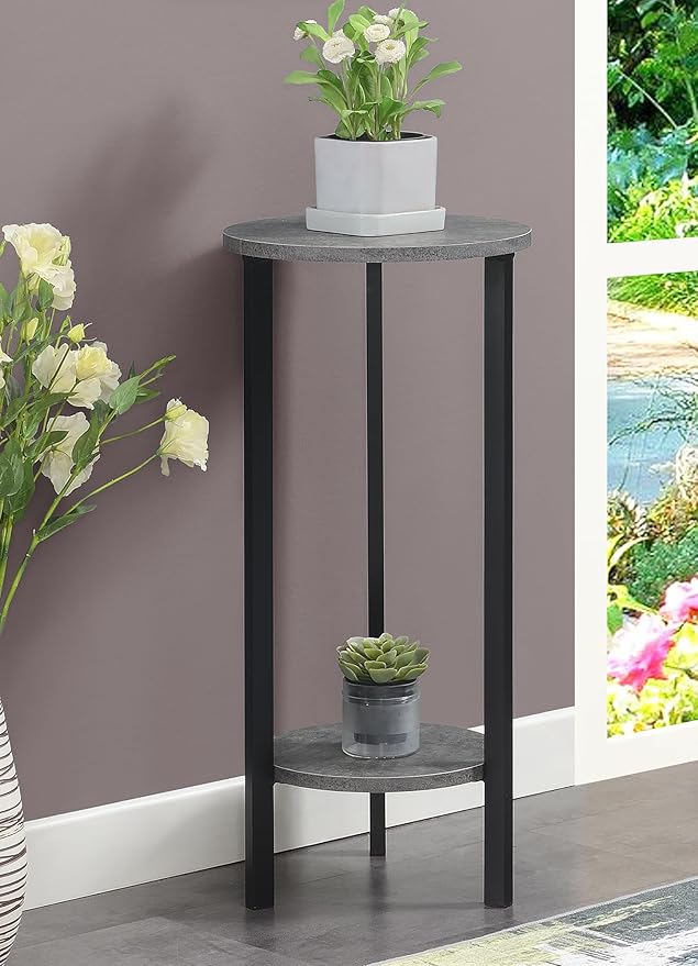 Convenience Concepts Graystone 2 Tier Tall Plant Stand 31" - Industrial Stand for Plants, Vases, and Antiques, Urban Modern Design for the Living Room, Hallway, Entryway, Cement/Black