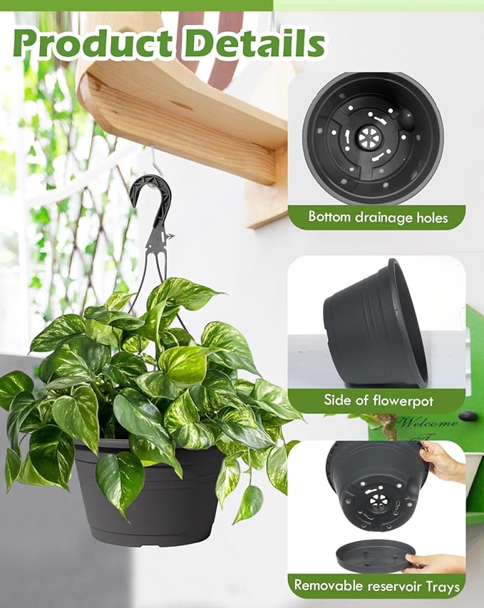 VIDELLY 4 Pcs Hanging Planters,10" Hanging Pots Plastic Hanging Flower Plant Basket Pots with Drainage Trays & Chain Holder for Outdoor Indoor Plants Garden Balcony Decoration, Dark Gray