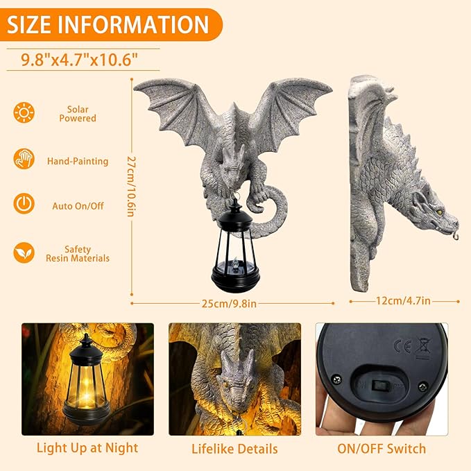 Dragon Tree Hugger Garden Statue - 9.8 Inch Resin Dragon Wall Hanger Sculptures Decor with Solar Lantern Lights, Outdoor Waterproof for Balcony Wall Porch Yard, Gifts for Mom Women Grandma Christmas