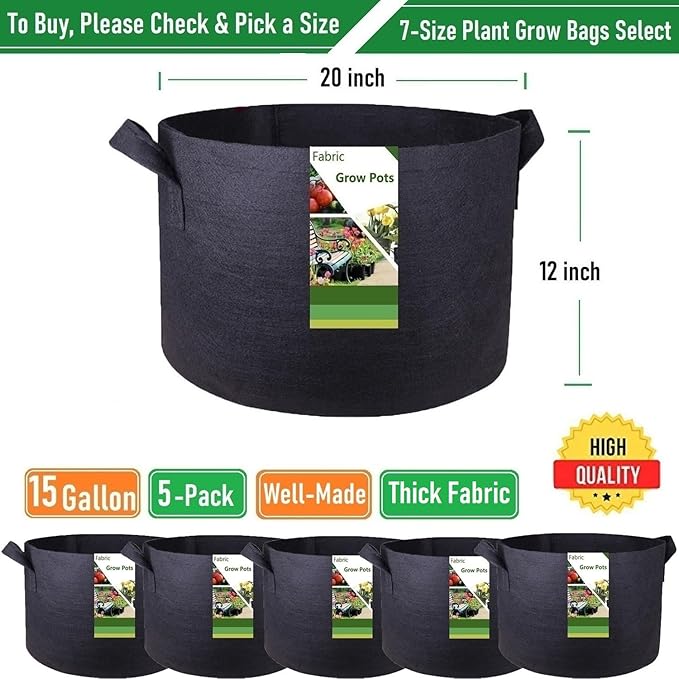 5-Pack 15 Gallon Plant Grow Bags (20x12 inch) Thickened Fabric Plant Pots Garden Bag for Potato,Tomato Planters,Herbs Veggies Planter Bag,Garden Pot,Flower Pot,Barrel Planter,Plant Container W/ Gloves