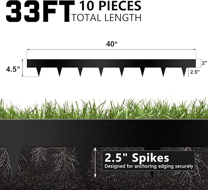 KOL Galvanized Steel Flexible Garden Lawn Edging, 10-Pack Black Metal Landscape Edging Strips - Heavy Duty Hammer-in Border with 11 Clips - 16-Gauge - 40" L x 4.5" H (33FT Total Length)