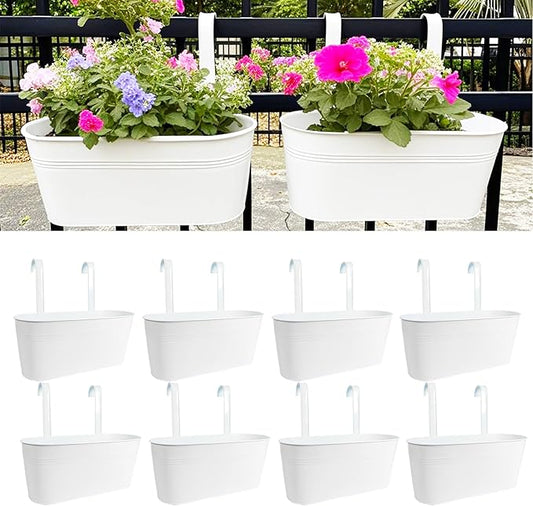 Hanging Planters for Outdoor Plants, 17" Railing Planter Pots, Metal Fence Flower Pot for Porch Balcony with Detachable Hook (White, Pack of 8)