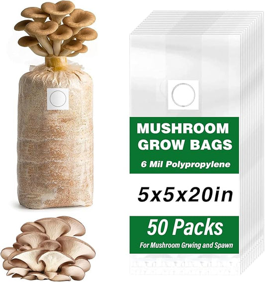 Mushroom Grow Bags, 50 Pack 6 Mil Polypropylene Mushroom Substrate Bags, 5" x 5" x 20", with Breathable 0.2 Micron Filter Patch, Large Autoclavable Bags for Substrates Strong Tear Resistant