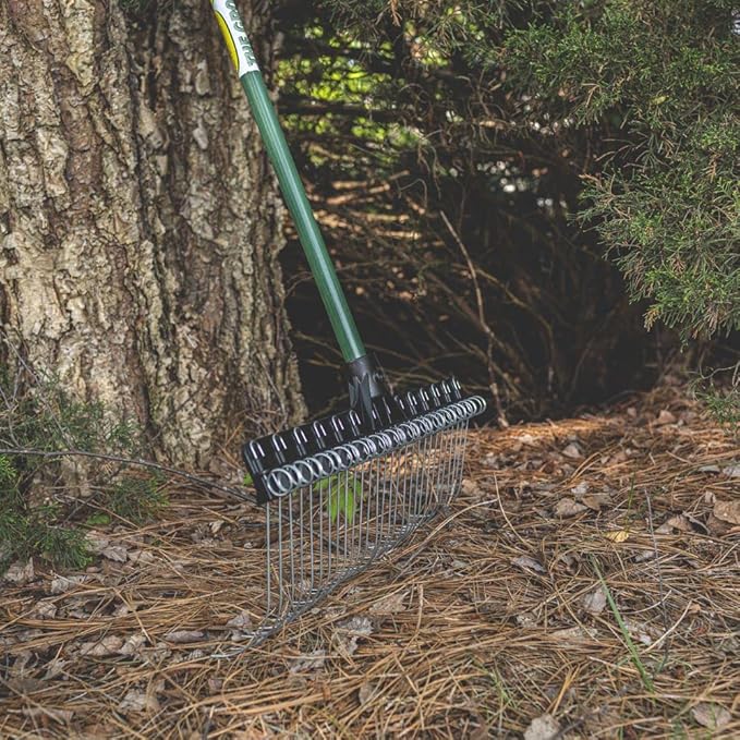 THE GROUNDSKEEPER II Rake 55-inch Lightweight Fiberglass Handle, 21-inch Head, Durable Steel Tines for Gardening, De-Thatching or Professional Landscaping - Green (6-Pack)