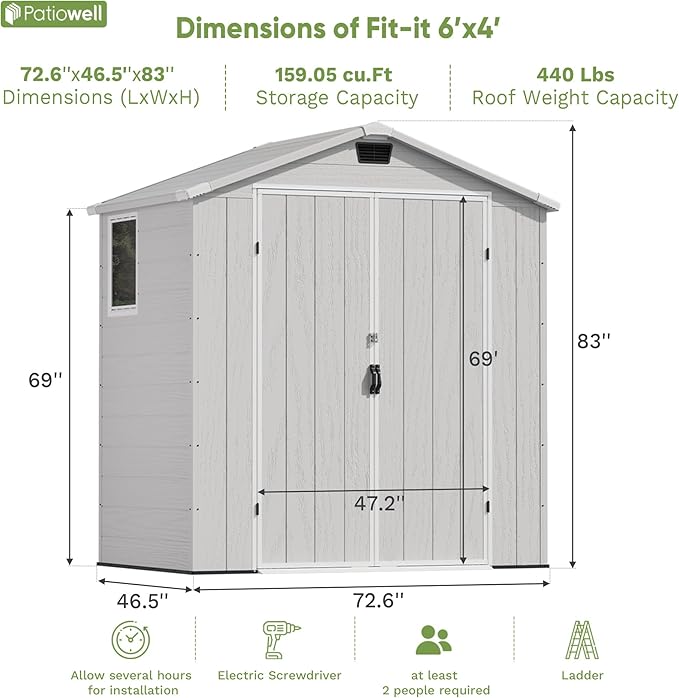 Patiowell 6X4 FT Outdoor Storage Shed, Plastic Tool Sheds with Lockable Door and Window, Weather-Resistant Garden Shed with Floor for Backyard, Patio, Easy Assembly, Light Grey