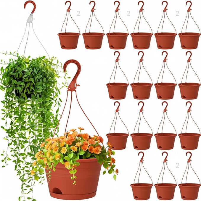 Roshtia 20 Pcs 10 Inch Hanging Baskets for Plants Large Plastic Hanging Basket Pots with Drainage Trays Self Watering Planter Pots for Outdoor Indoor Plants Flowers Garden Balcony (Brown)