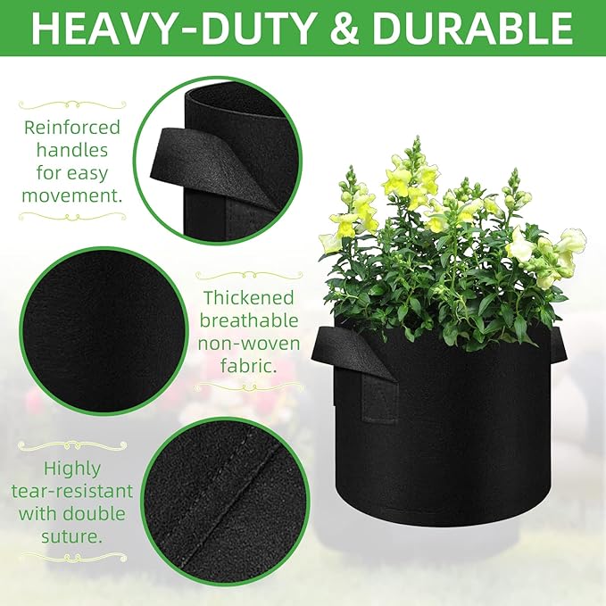 LITLANDSTAR 100-Pack 5 Gallon Grow Bags, Heavy Duty Thickened Nonwoven Aeration Fabric Pots with Handles, Aeration Grow Bags for Vegetable/Flower/Plant