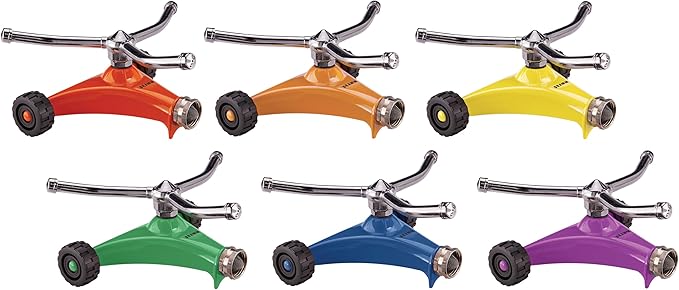 Dramm ColorStorm 3 Arm Whirling Sprinkler on 6" Wheeled Heavy Duty Metal Base, for Lawn, Yard, Garden and Large Area, Green, 70 Ft Diameter Reach (Pack of 6)