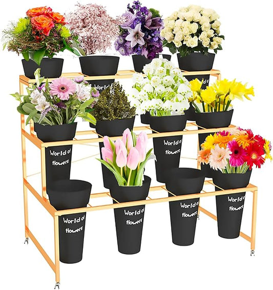 Flower Display Stand With 12PCS Buckets, 3 Layers Metal Plant Stand with Wheels, Heavy Duty Moving Plant Cart Shelf, for Indoor, Outdoor Patio Garden, Living Room, Florist (Black - Round Bucket)