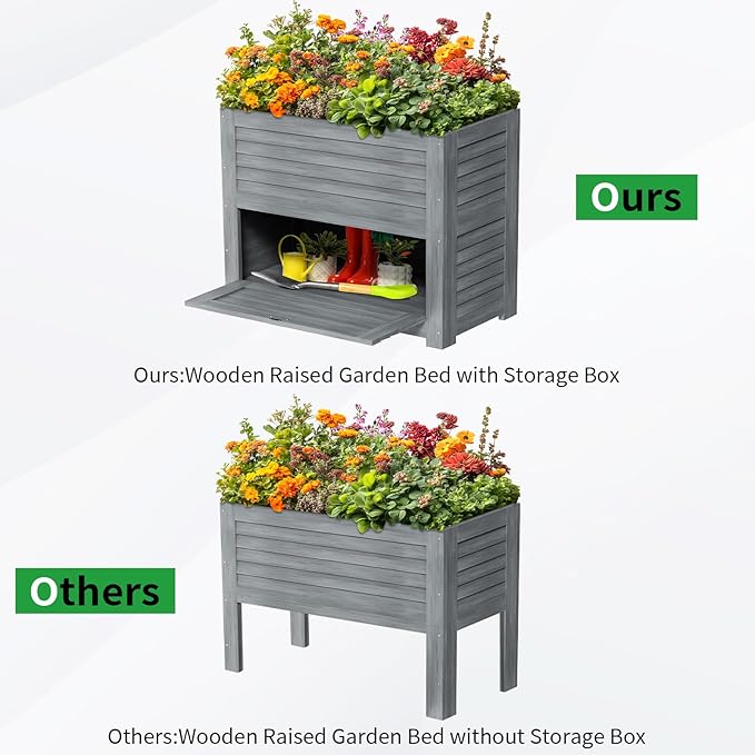 SUNYRISY 2Pack Wooden Raised Garden Bed with Storage Box, 34" L x 18" W x 30" H Elevated Large Garden Planter Box for Planting Herb Vegetable Flower Outdoor Indoor, Grey