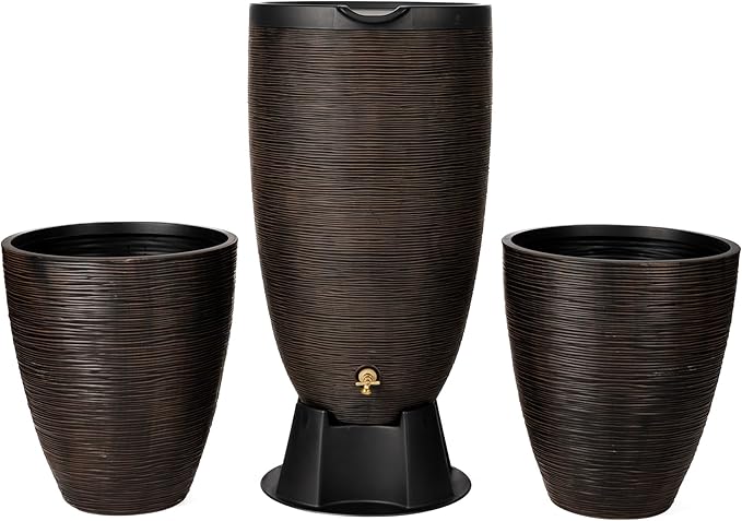 RTS Home Accents Newport 50‑Gallon Flat‑Back Rain Barrel with Stand & Planter Bundle – Bronze | Removable Lid, UV-Stabilized Outdoor Water Storage