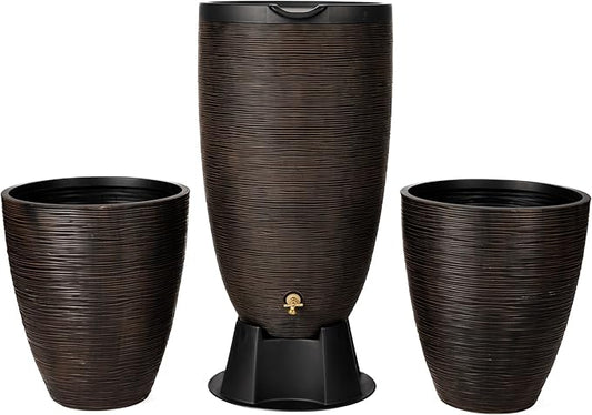 RTS Home Accents Newport 50‑Gallon Flat‑Back Rain Barrel with Stand & Planter Bundle – Bronze | Removable Lid, UV-Stabilized Outdoor Water Storage