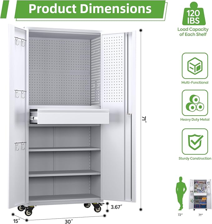 71" H Metal Garage Storage Cabinet with Wheels and Doors,Rolling Tool Cabinet with Pegboard,Rod and Drawer for Garage Warehouse Home,Required Assembly,Grey and White