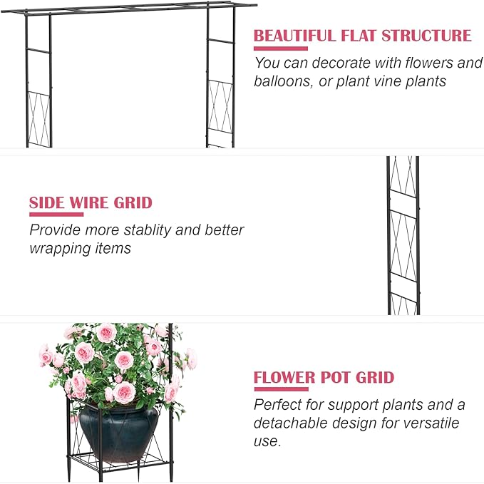 Garden Arch Thickened Garden Arbor Trellis for Climbing Plants with Planter 7.6Ft Outdoor Metal Arch Archway Wedding Backdrop Stand for Ceremony Party Christmas Decorations Pergola Black
