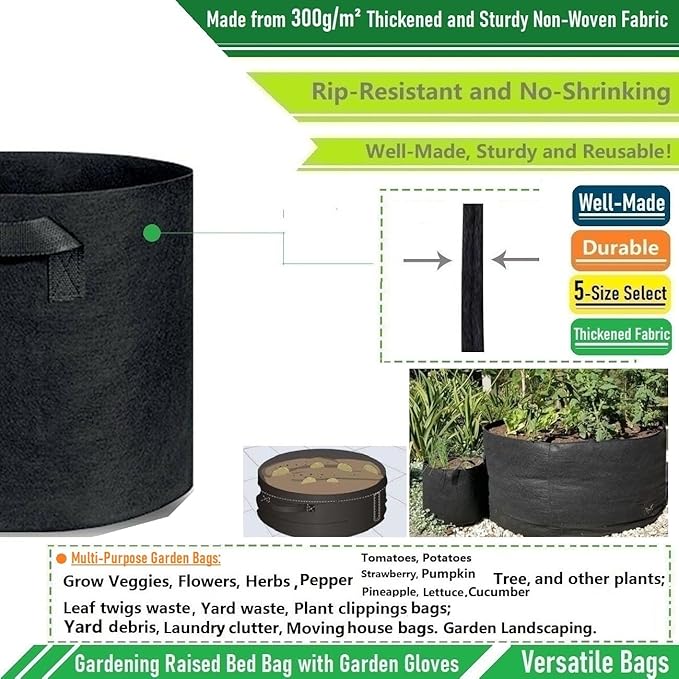 200 Gallon Large Raised Garden Bed Bag (50x24 inch) Big Garden Bag Sturdy Plant Grow Bag for Tomato,Potato Planter,Herb Veggies Planter Bag,Flower Bed,Yard Waste Bag,Lawn Debris Bag,Leaf Bag W/ Gloves