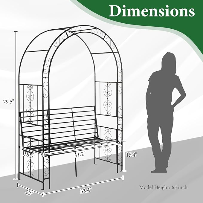 Garden Arbor with Garden Bench, 7FT Wedding Arches for Ceremony, Metal Arbor Trellis for Climbing Plants Outdoor, Black Garden Archway for Lawn, Patio and Backyard