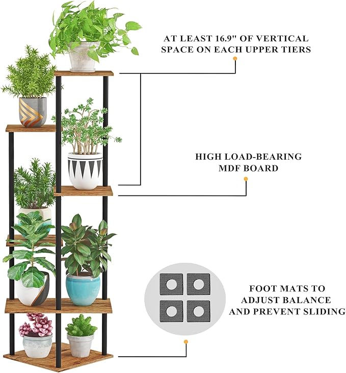 Tall Plant Stand Indoor, 6-Tier Modern Plant Shelf for Multiple Plants, Wood Metal Flower Holder for Living Room Balcony Bedroom, Rustic Brown