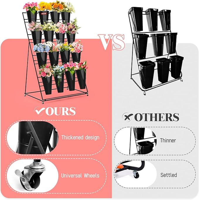 Flower Display Stand with Buckets, 4 Layers 16 PCS Buckets Plant Stand with Wheels, Movable Metal Plant Stand for Terrace Garden, Living Room, Florist Shop (Black Frame - Black Buckets, 4-Tier)