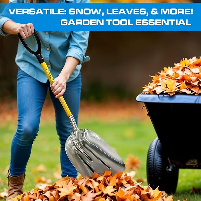 Plexon Aluminium Steel Snow Shovel for Driveway 15" Blade - Heavy Duty Snow Shovel for Car- Metal Scoop Shovel - Fiberglass Handle & Plastic D-Grip - Outdoor Garden Yard, 48" Length