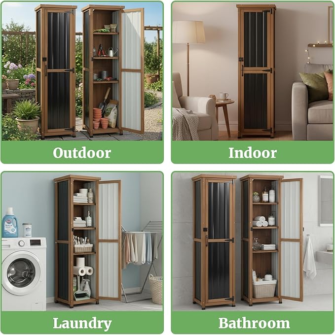 62" H Narrow Outdoor Storage Cabinet with Metal Top, Outdoor Indoor Storage Cabinet Waterproof with Adjustable Shelves for Corner, Patio, Garden, Porch, Laundry Room or Entryway Storage
