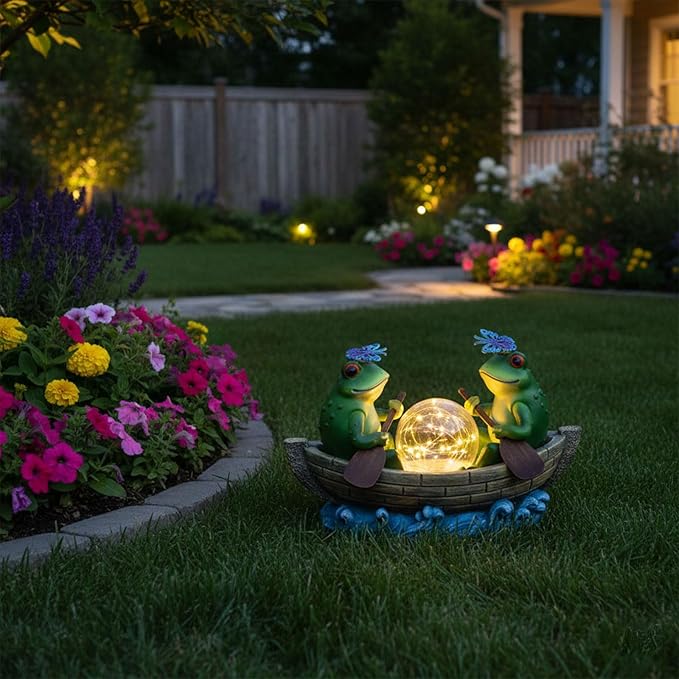 Solar Frog Boating Garden Statue with Ball Light 5.1" Resin Frogs Decor for Home Front Door Patio Porch Balcony Women Gardeners Moms Wives Girlfriends