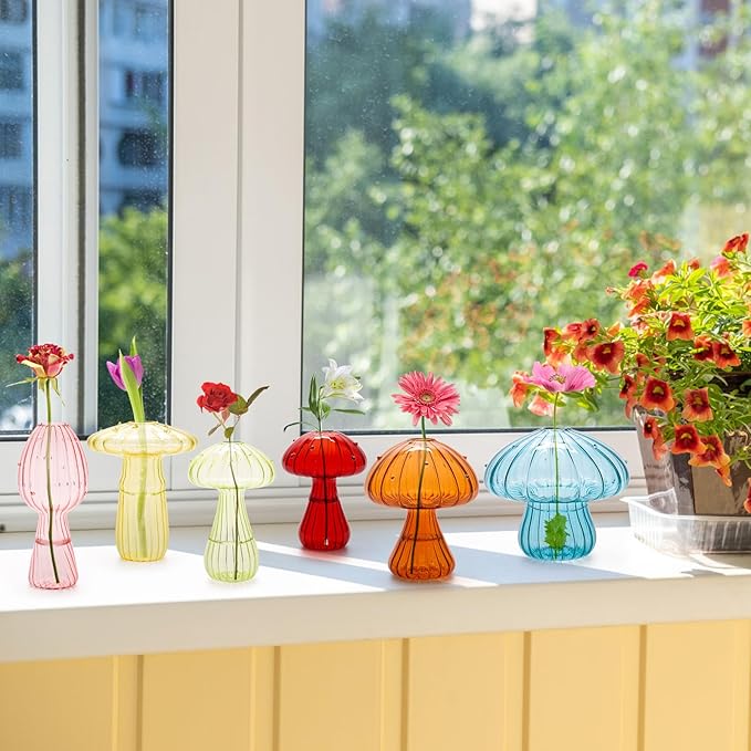 Mushroom Vase, Set of 6 Colored Glass Mushroom Propagation Vases for Plants, Mini Cute Flower Terrarium for Women Home Office Indoor Decor