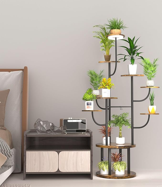 60" Tall Indoor Plant Stand with Grow Light 10 Tiered Adjustable,Large Metal Rotating Plant Shelf for Multiple Plant Display, Flower Holder Stand for Living Room,Bedroom,Office,Balcony