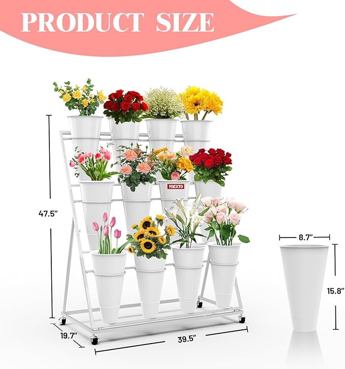 Flower Display Stand with Buckets, 3-Layers 12 PCS Buckets Plant Stand with Wheels, Movable Metal Plant Stand for Terrace Garden, Living Room, Florist Shop (White Frame - White Buckets, 3-Tier)