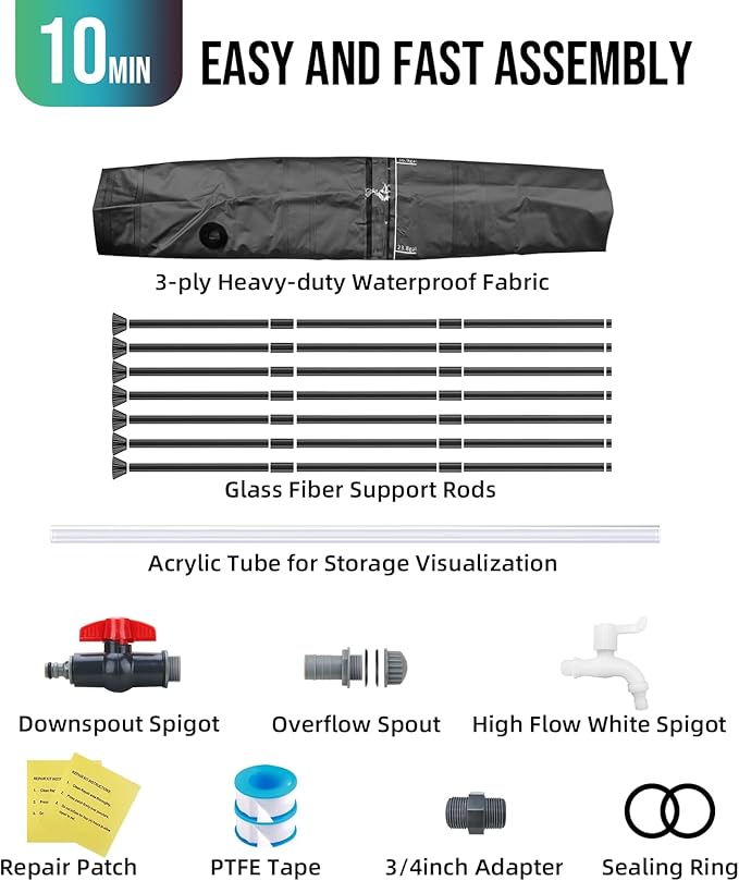 Collapsible Rain Barrel Water Collection System - 100 Gallon Portable Water Storage Tank,Foldable Rainwater Collect System Downspout, Water Catcher Container with Filter, Spigots＆Overflow Kit,Black