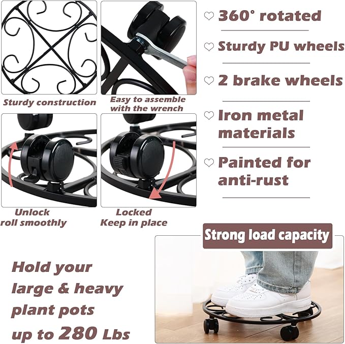 6-pack 15.8 inches Extra-large Metal Plant Caddy with Wheels Rolling Plant Stands Wheeled Plant Dolly Coasters Heavy-duty Pot Mover Roller Base Indoor Outdoor Garden Planter Trolley Cart, Black