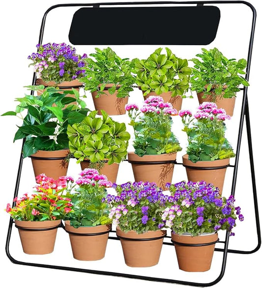 Flower Display Stand with Blackboard & 12 pcs Buckets , 3 Layers Metal Flower Cart, Plant Holder Rack for Indoor, Outdoor Patio Garden, Living Room, Florist, Ideal for Flower Shops