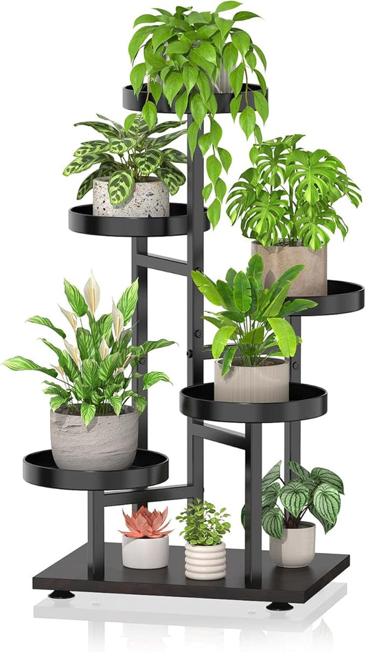 iDavosic.ly 5 Tier Plant Stand Indoor, Tiered Corner Metal Wood Multiple Flower Holder Shelf, Tall Orchid Display Rack for Patio Porch Living Room Balcony Outdoor, Black Walnut