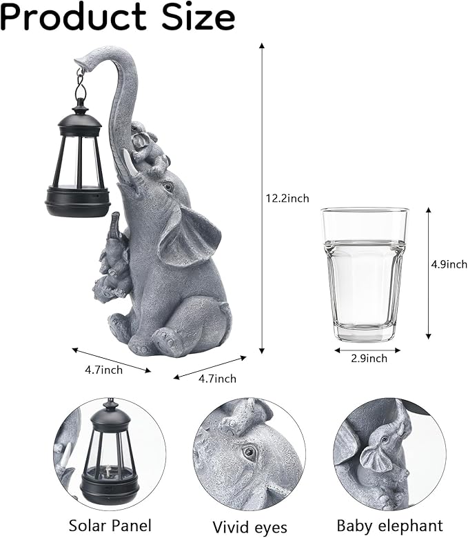 Solar Outdoor Garden Decor, Elephant Statue with Lantern for Patio, Yard Ornament and Lawn Decoration, Birthday Housewarming Gift for Mom, Wife, Gardeners