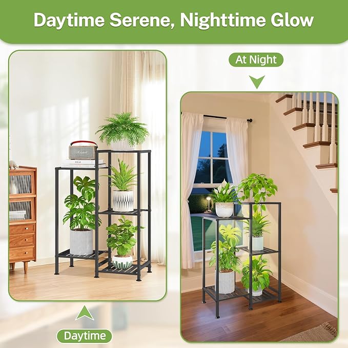 iDavosic.ly Indoor Plant Stand with Grow Light, Metal 5 Tier Corner Flower Holder Shelf Outdoor for Large Pots, Tall Rack for Patio Porch Balcony Living Room, Black