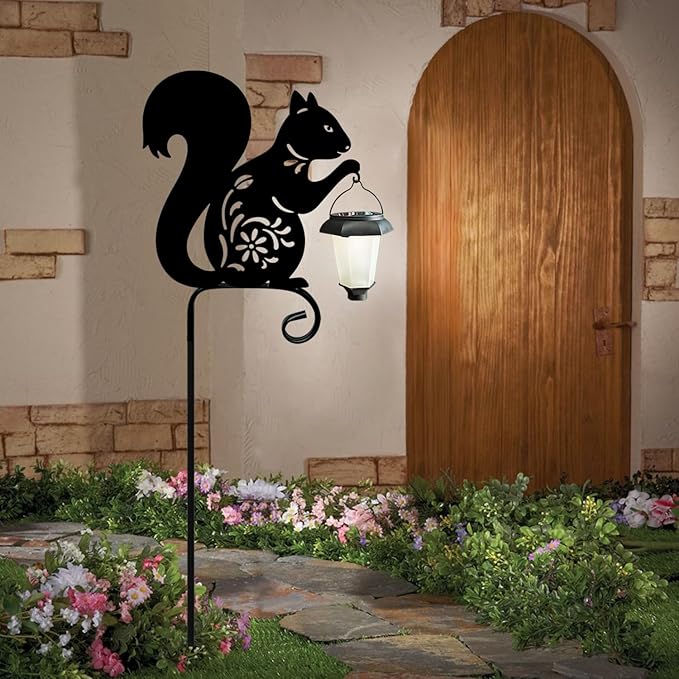 Metal Squirrel Garden Stake, Solar Lights Outdoor Solar-Powered with Lantern-Outdoor Waterproof Pathway and Garden Decorations (Black Squirrel)