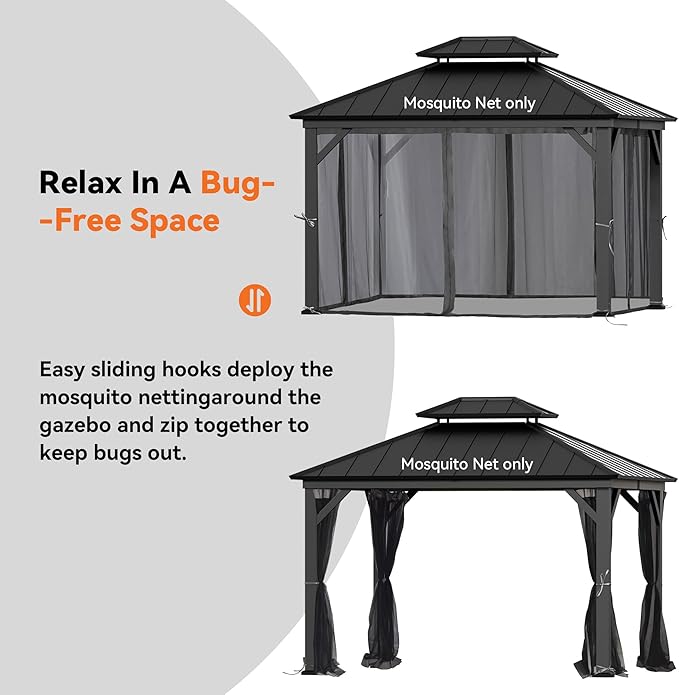 Gazebo Mosquito Netting Replacement Universal 4-Panel Sidewalls 10' x 12', Outdoor Gazebo Mosquito Nettings with Double Zipper, Replacement for Patio, Garden, Grey (Mosquito Net Only)