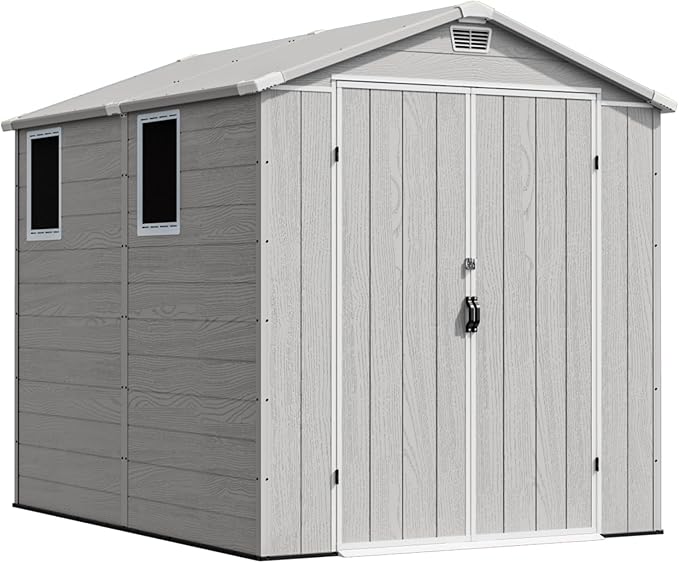 Devoko 6x8 FT Plastic Storage Shed, Outdoor Resin Garden Shed with Floor, Waterproof Tool Storage Shed with Lockable Door and Window for Patio, Garden, Backyard, Light Gray
