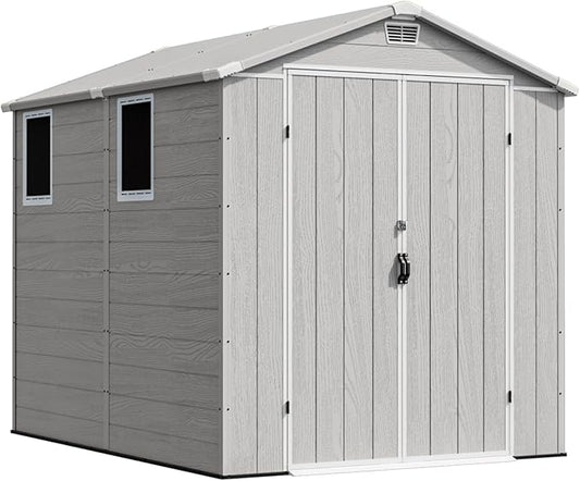 Devoko 6x8 FT Plastic Storage Shed, Outdoor Resin Garden Shed with Floor, Waterproof Tool Storage Shed with Lockable Door and Window for Patio, Garden, Backyard, Light Gray